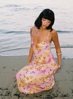 front view of model wearing Princess Polly Lauraline Maxi Dress Pink / Floral Scoop Neck 