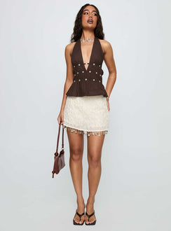 front view of model wearing Princess Polly We Made It Sequin Skort Cream High Waisted Shorts 