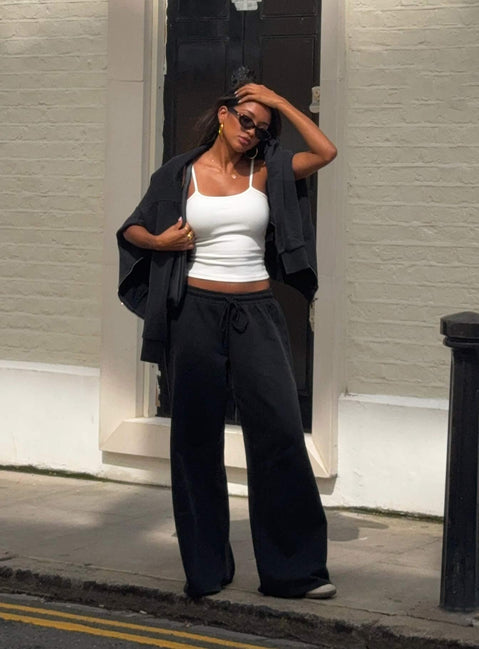 front view of model wearing Princess Polly All Day Straight Leg Sweatpants Washed Black High Rise Pants Pants 