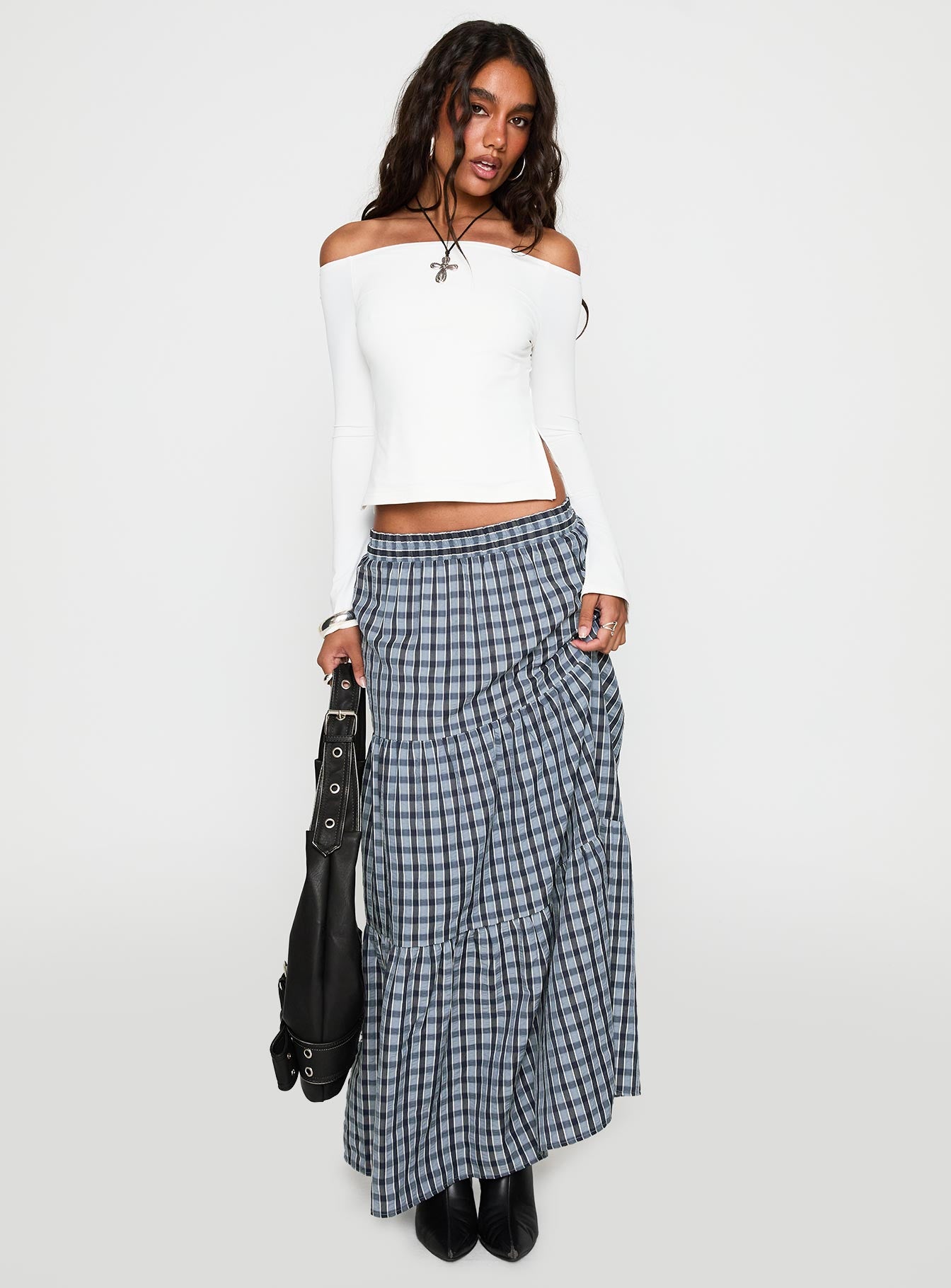 front view of model wearing Princess Polly Maestro Off The Shoulder Top White Full Sleeves straight 