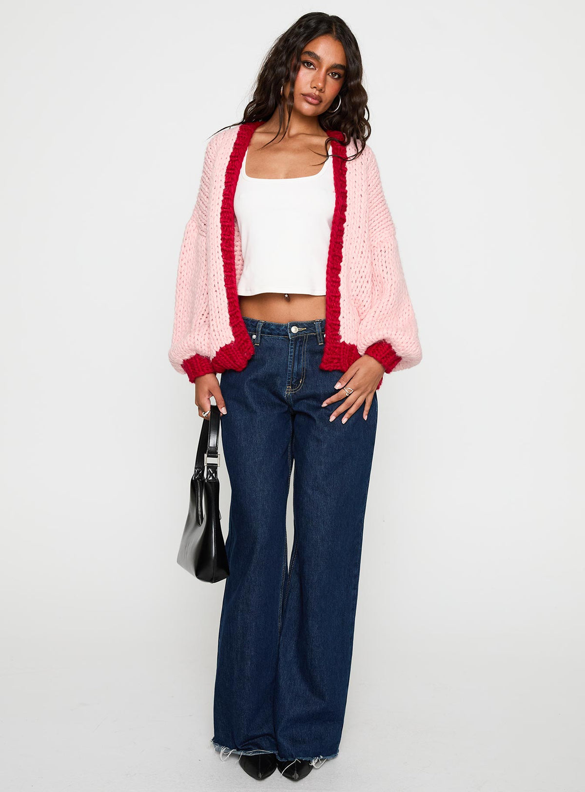 back view of model wearing Princess Polly Lester Knit Cardigan Pink / Red Long 