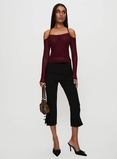 front view of model wearing Princess Polly On My Side Off Shoulder Tie Neck Top Burgundy Full Sleeves straight 