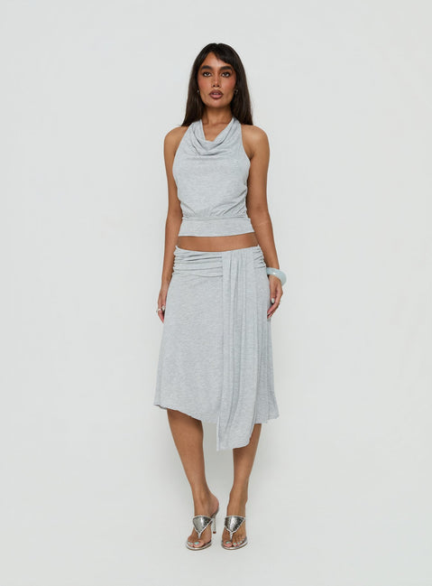 Showcasing the Iselda Draped Midi Skirt Grey Marle in womens-skirts with wrap detail and relaxed fit front view of model wearing Princess Polly