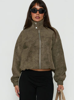 Ellissa Faux Suede Bomber Jacket Khaki