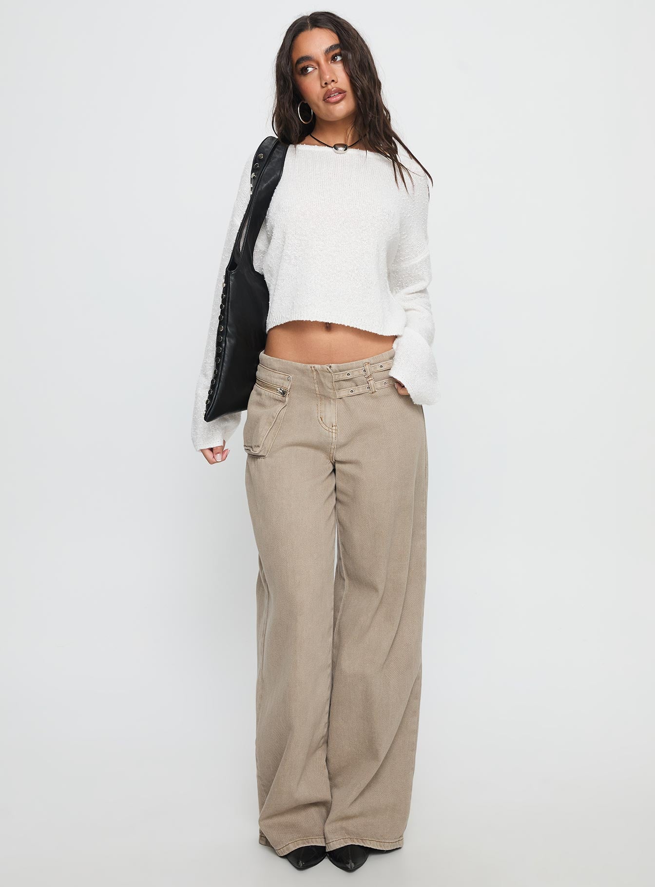 front view of model wearing Princess Polly Riala Off Shoulder Knit Sweater White cropped 