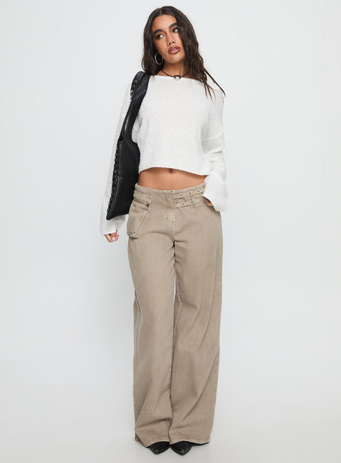 front view of model wearing Princess Polly Riala Off Shoulder Knit Sweater White cropped 