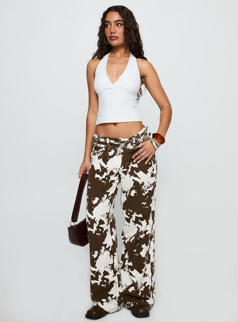 front view of model wearing Princess Polly Baccarat Belted Pant Cow Print Low Rise Jeans 