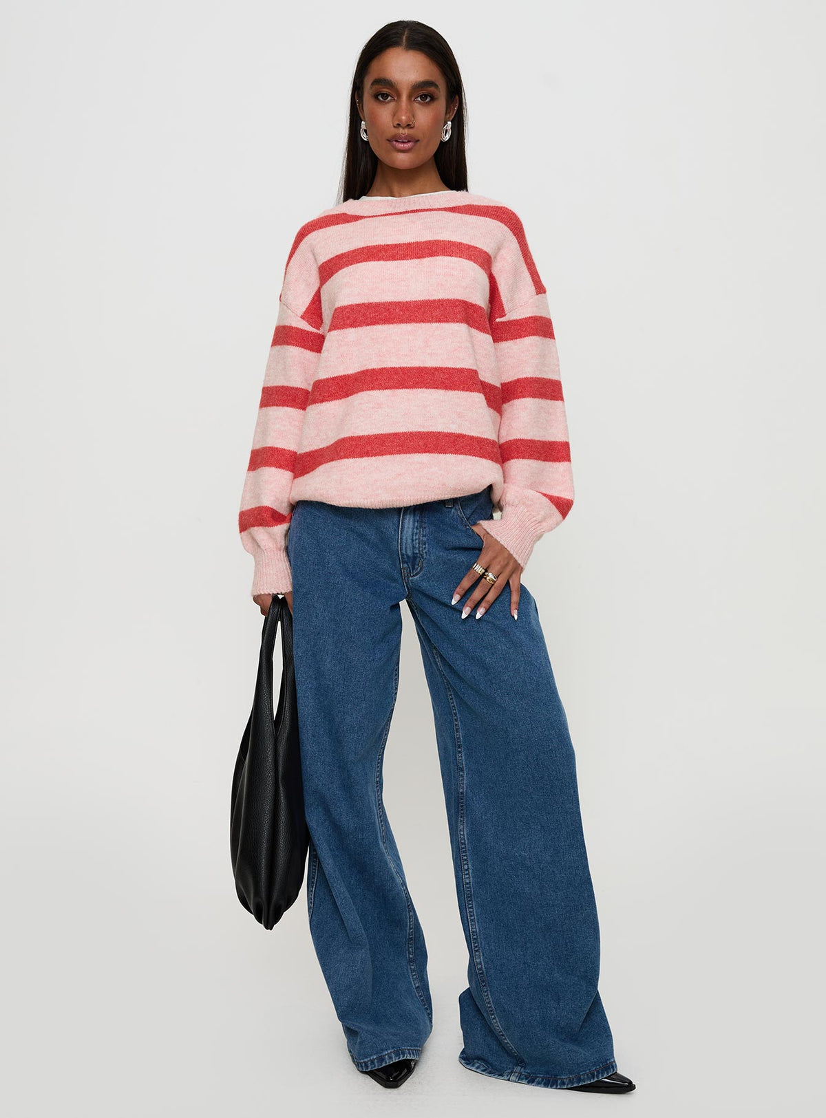 front view of model wearing Princess Polly Ryanna Sweater Pink / Red Stripe 