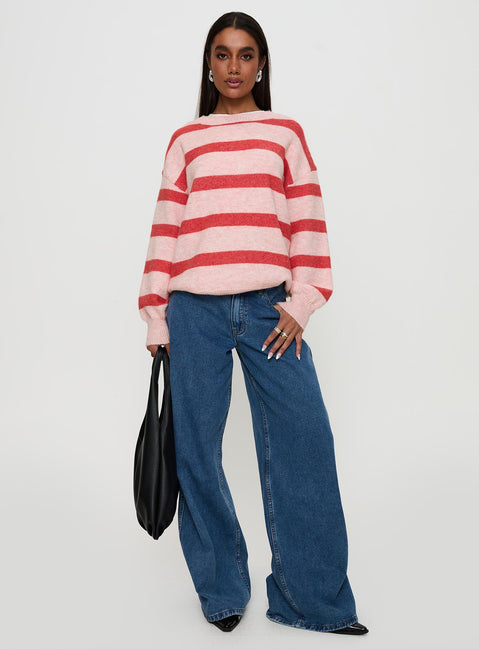 front view of model wearing Princess Polly Ryanna Sweater Pink / Red Stripe 