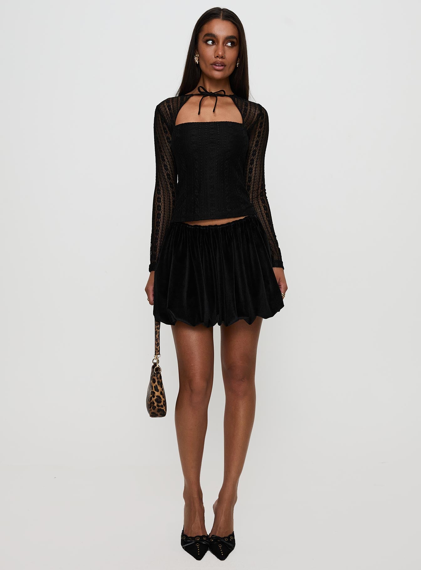 front view of model wearing Princess Polly Worth My Time Tie Neck Cut Out Top Black Full Sleeves High Neck 