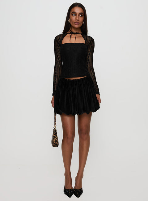 front view of model wearing Princess Polly Worth My Time Tie Neck Cut Out Top Black Full Sleeves High Neck 