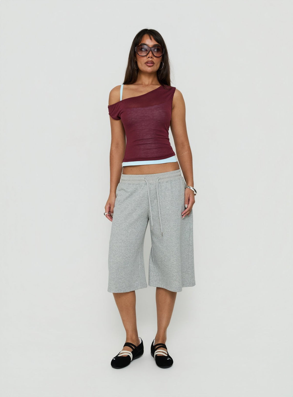 Klaretta Off Shoulder Draped Layered Top Burgundy / Blue