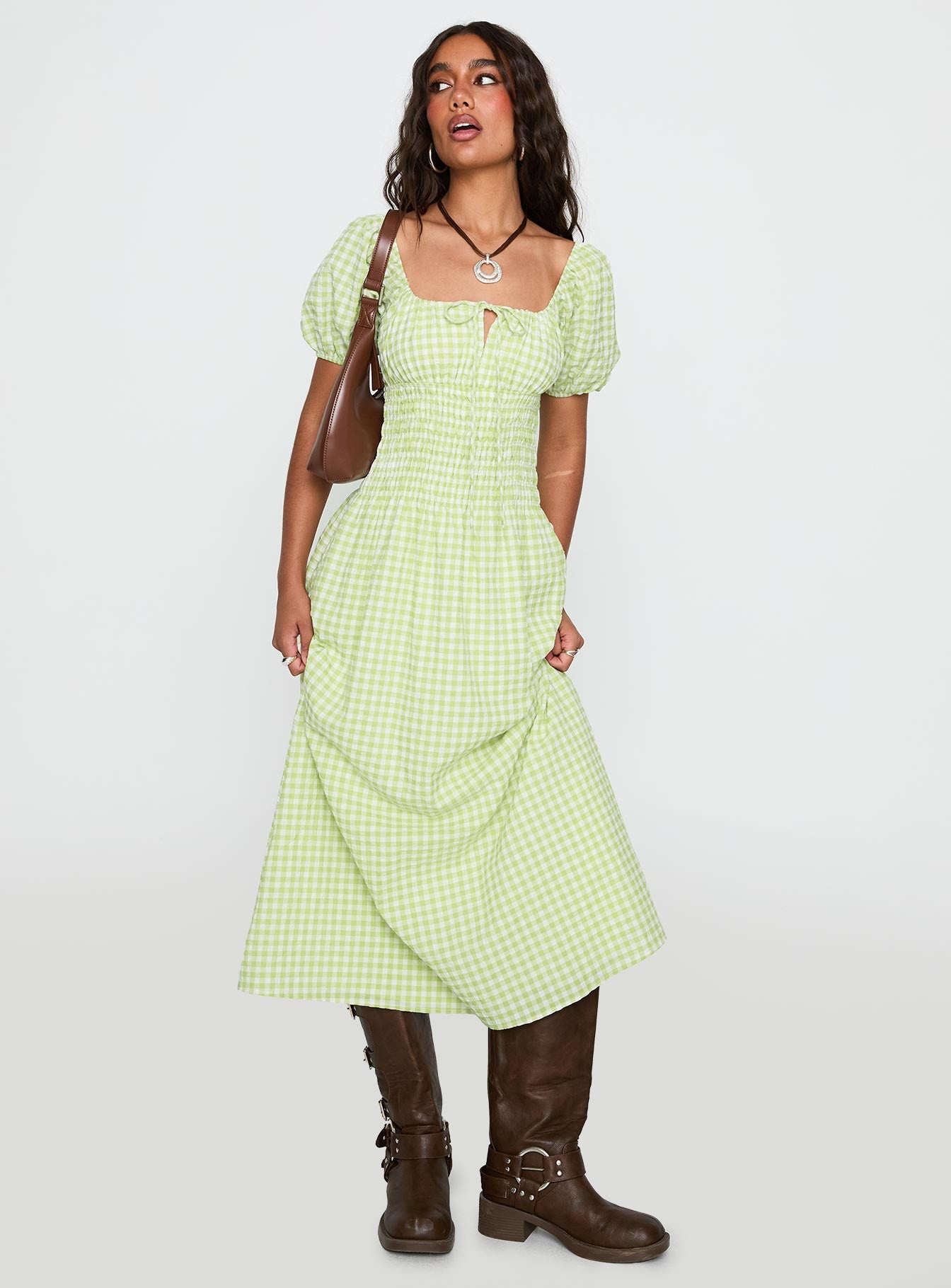 front view of model wearing Princess Polly More Than Butterflies Maxi Dress Green Check Square Neck 