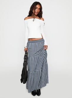   front view of model wearing Princess Polly Rockwell Tiered Midi Skirt Navy Check Maxi 