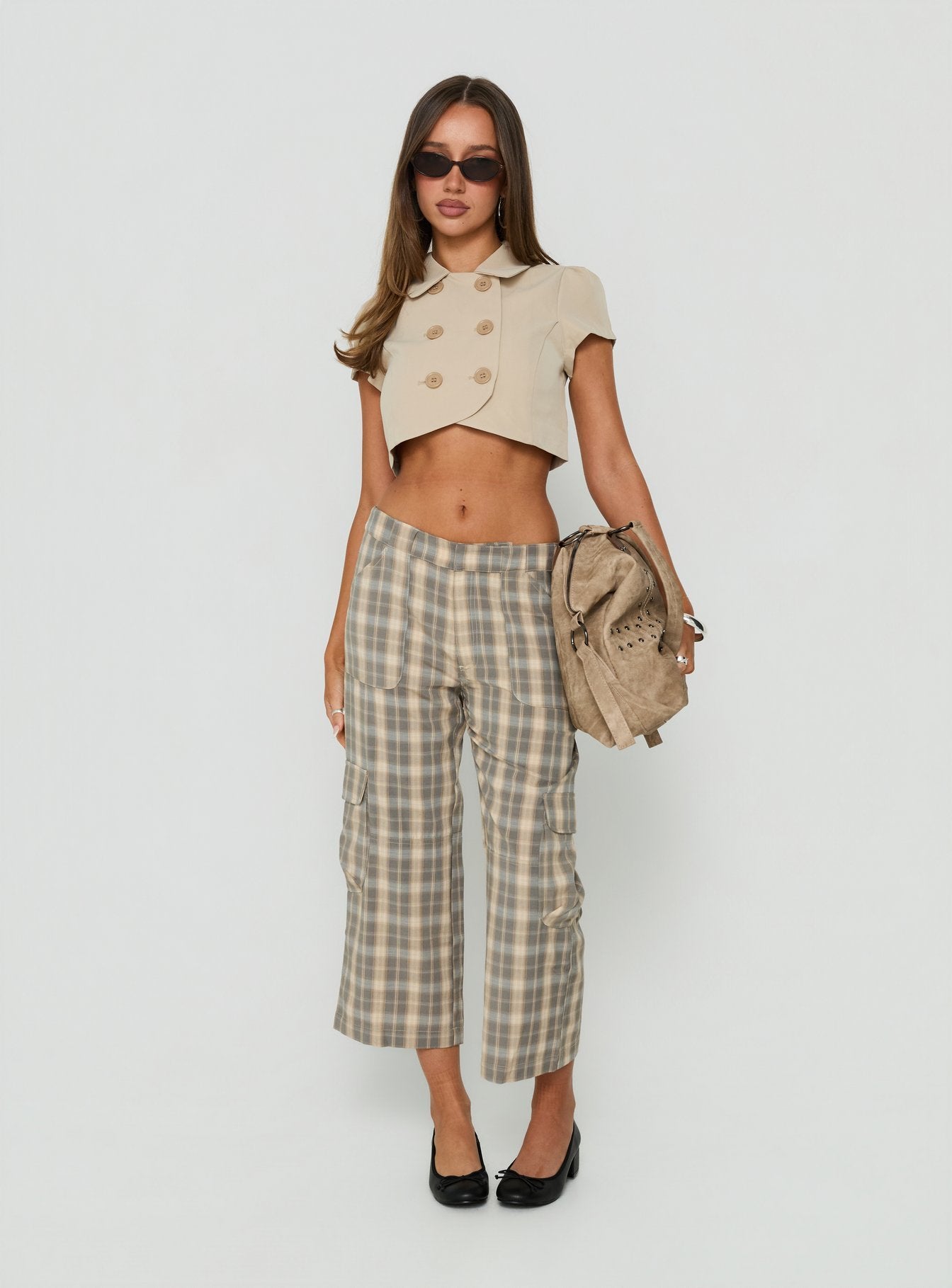 Kaidenn Double Breasted Micro Crop Top Taupe