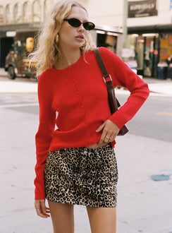 back view of model wearing Princess Polly Nickei Denim Mini Skirt Leopard Petite Mini Skirts 
