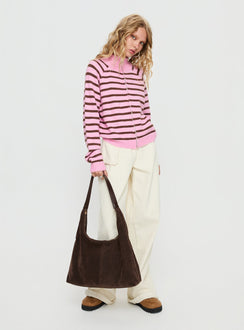 side view of model wearing Princess Polly Kaylei Zip Through Cardigan Pink Stripe regular 
