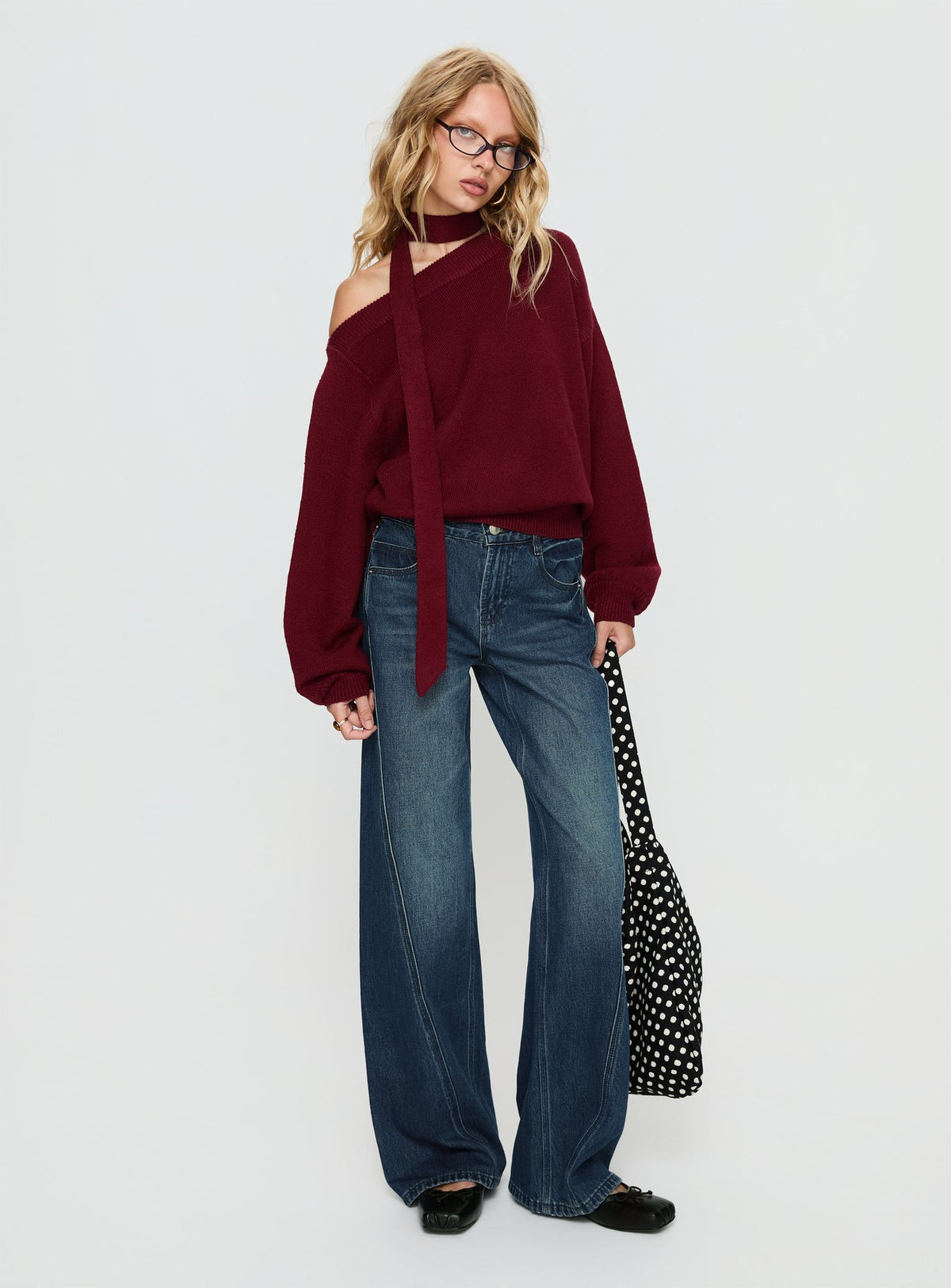 side view of model wearing Princess Polly Ruthi Scarf Off Shoulder Knit Sweater Burgundy Cropped Jumpers 