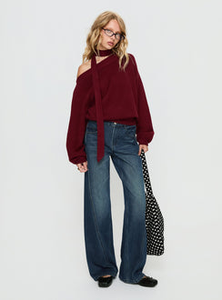 side view of model wearing Princess Polly Ruthi Scarf Off Shoulder Knit Sweater Burgundy Cropped Jumpers 