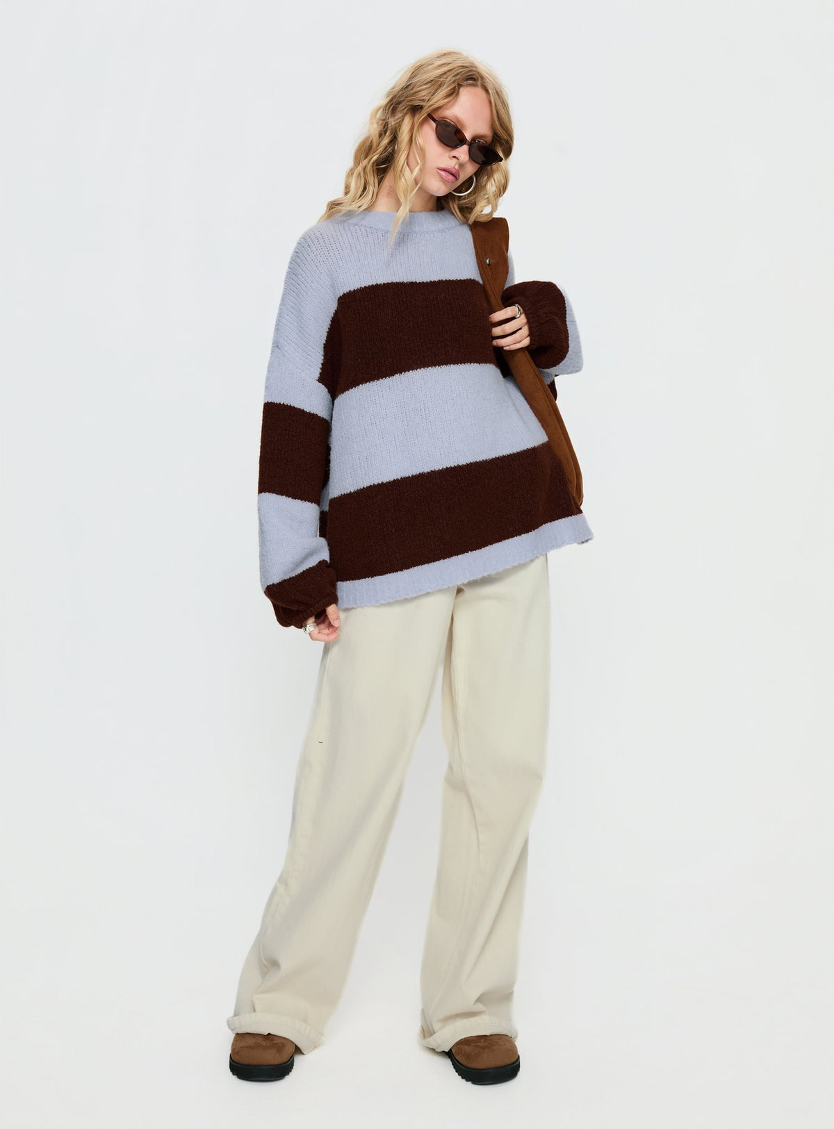 front view of model wearing Princess Polly Bastien Crew Neck Knit Sweater Blue / Chocolate Stripe Longline Jumpers 