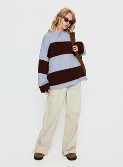front view of model wearing Princess Polly Bastien Crew Neck Knit Sweater Blue / Chocolate Stripe Longline Jumpers 