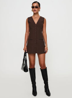 front view of model wearing Princess Polly Laire Mini Dress Chocolate V-Neck 