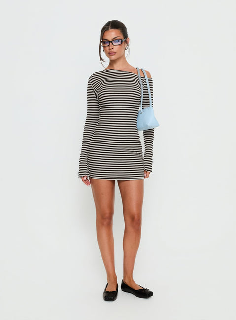 Journi Off Shoulder Long Sleeve Mini Dress Black / White Stripe