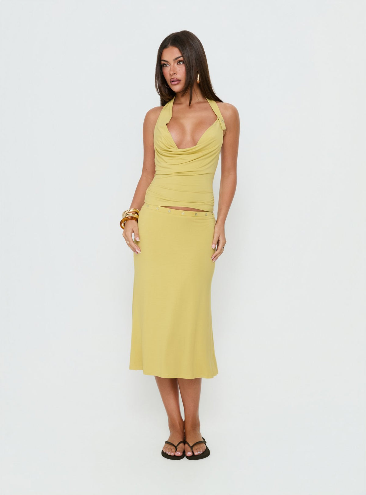 Designed with the Esperia Button Midi Skirt Green as a fitted aline womens-skirts piece detail Princess Polly