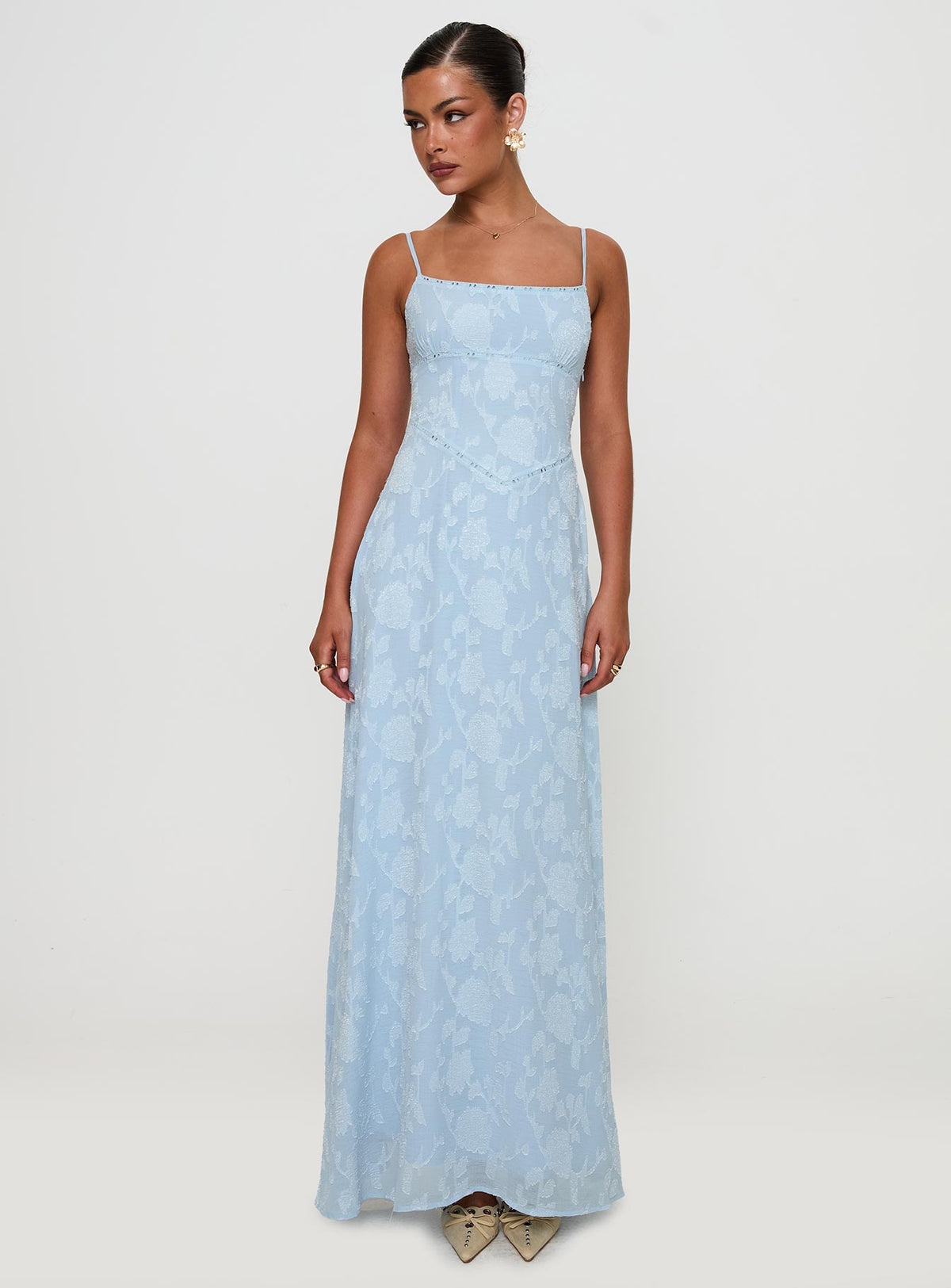 back view of model wearing Princess Polly South Of France Maxi Dress Blue Square Neck 