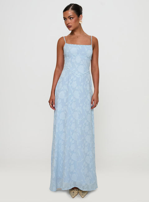 back view of model wearing Princess Polly South Of France Maxi Dress Blue Square Neck 