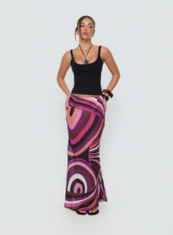Introducing the Lucidia Maxi Skirt Pink Retro in womens-skirts featuring maxi length side view of model wearing Princess Polly