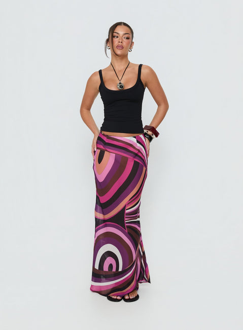 Introducing the Lucidia Maxi Skirt Pink Retro in womens-skirts featuring maxi length side view of model wearing Princess Polly