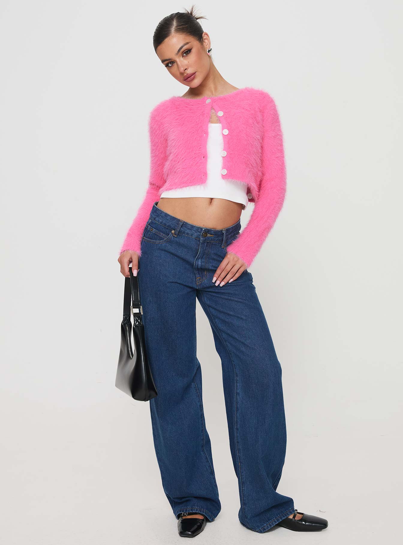 side view of model wearing Princess Polly Just A Girl Cardigan Pink cropped Jumpers 