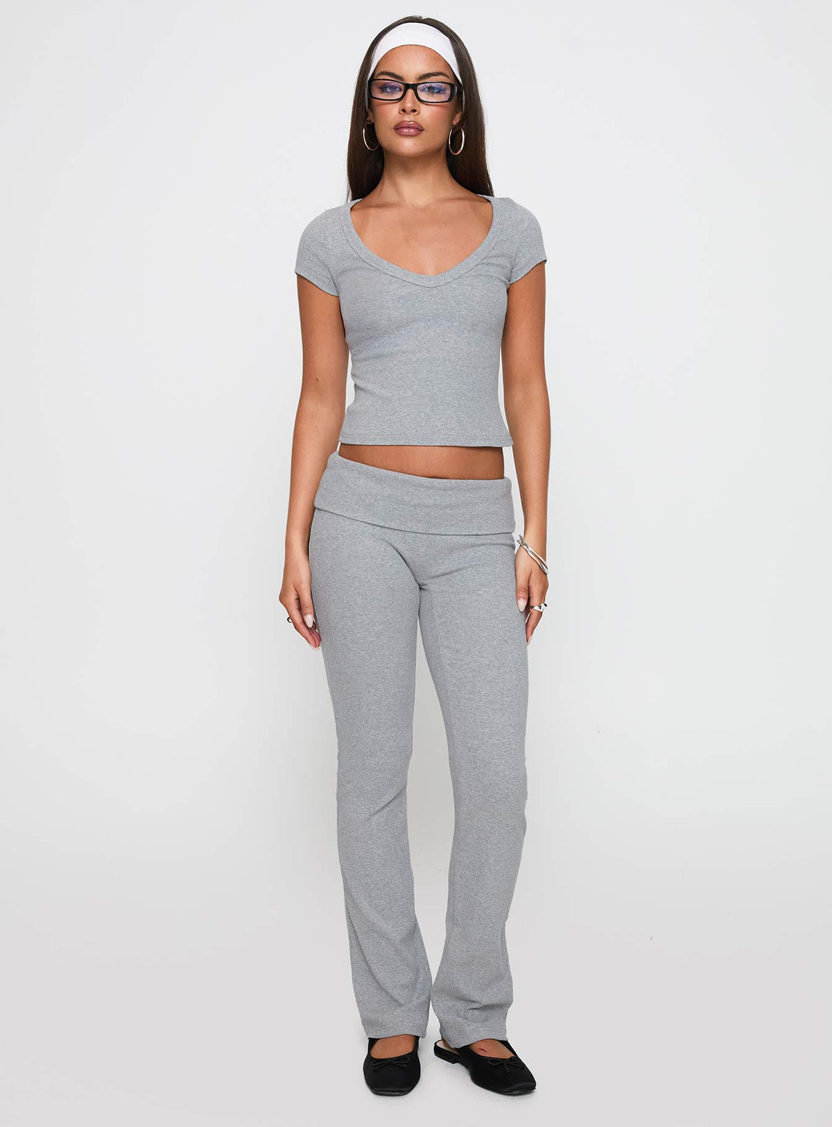 front view of model wearing Princess Polly Lovely Day V Neck Top Grey Marle Short Sleeves V-Neck 