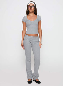 front view of model wearing Princess Polly Lovely Day V Neck Top Grey Marle Short Sleeves V-Neck 