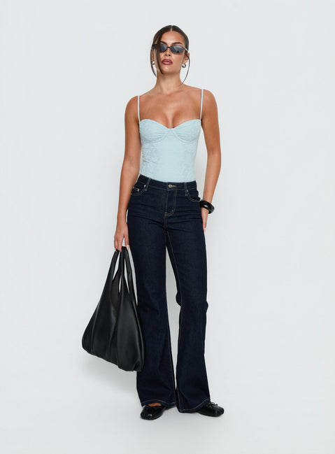 side view of model wearing Princess Polly Alorah Textured Bodysuit Blue Sleeveless 