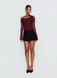 front view of model wearing Princess Polly Macaria Long Sleeve Lace Bodysuit Red Long Sleeve Tops 