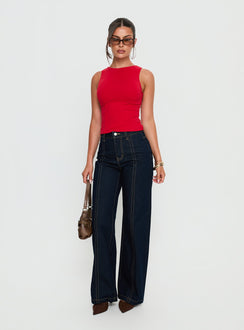 back view of model wearing Princess Polly Cadance High Rise Straight Leg Jeans Indigo High Rise Jeans 