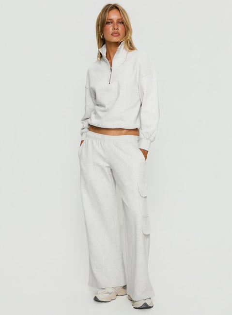front view of model wearing Princess Polly Rozanna Cargo Sweat Pants Grey Marle Mid Rise Pants 