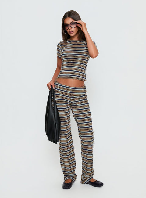 side view of model wearing Princess Polly Manolo Foldover Pants Brown / Grey Stripe Mid Rise Pants 