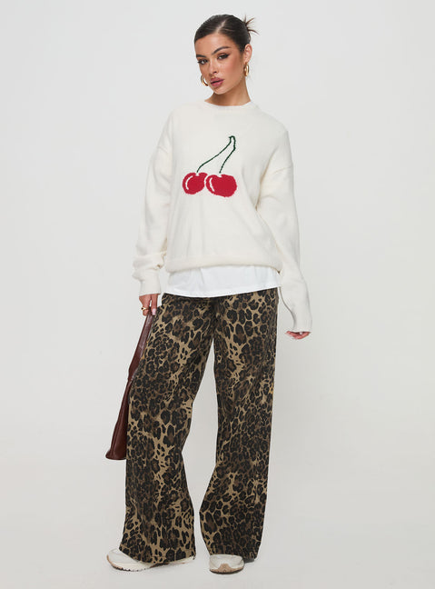 Showcasing the Cherry Dreams Knit Jumper Cream womens jumpers with long styling on-body view of model wearing Princess Polly