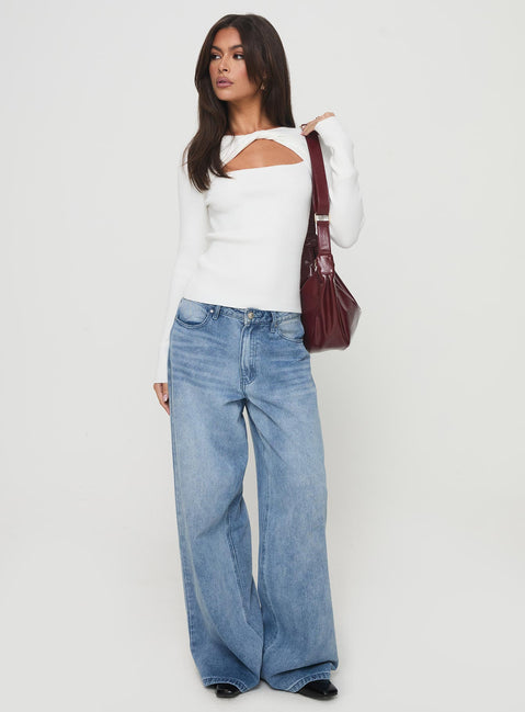 side view of model wearing Princess Polly Malgit Long Sleeve Top White Full Sleeves High Neck 