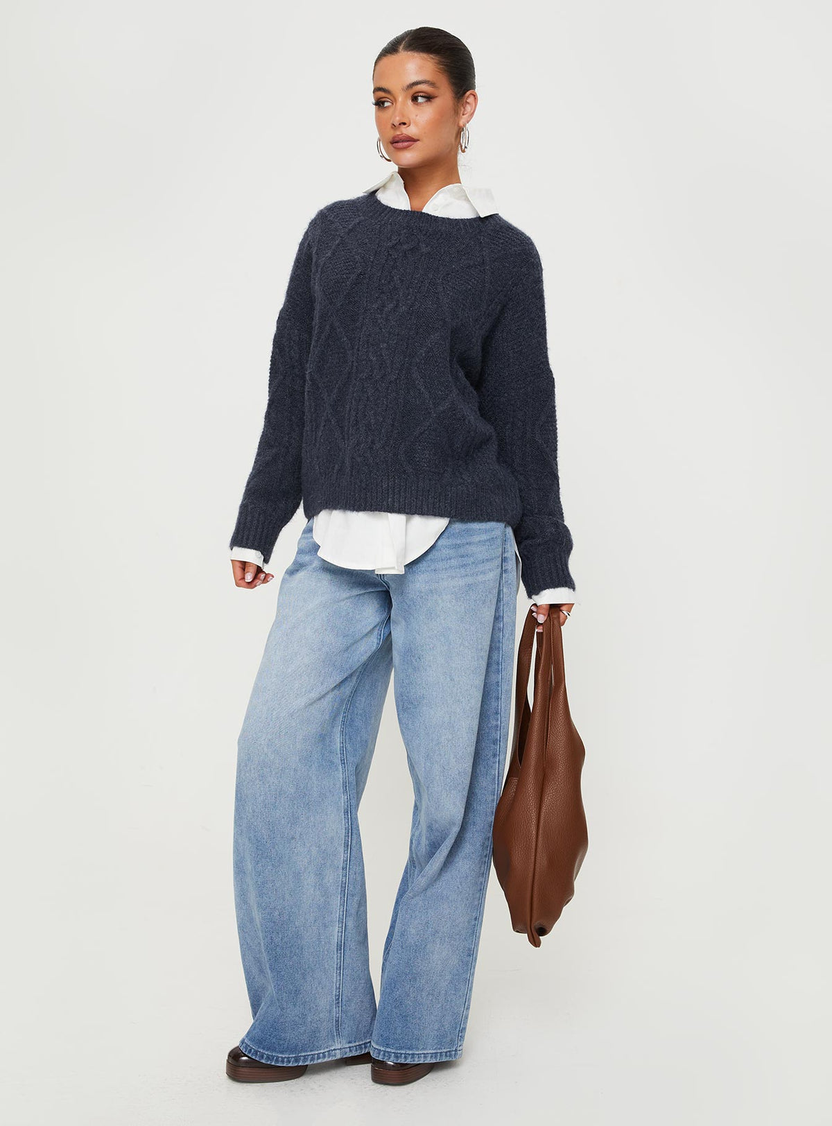 front view of model wearing Princess Polly Canlish Cable Knit Sweater Navy Cropped Jumpers Jumpers 