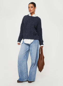front view of model wearing Princess Polly Canlish Cable Knit Sweater Navy Cropped Jumpers Jumpers 