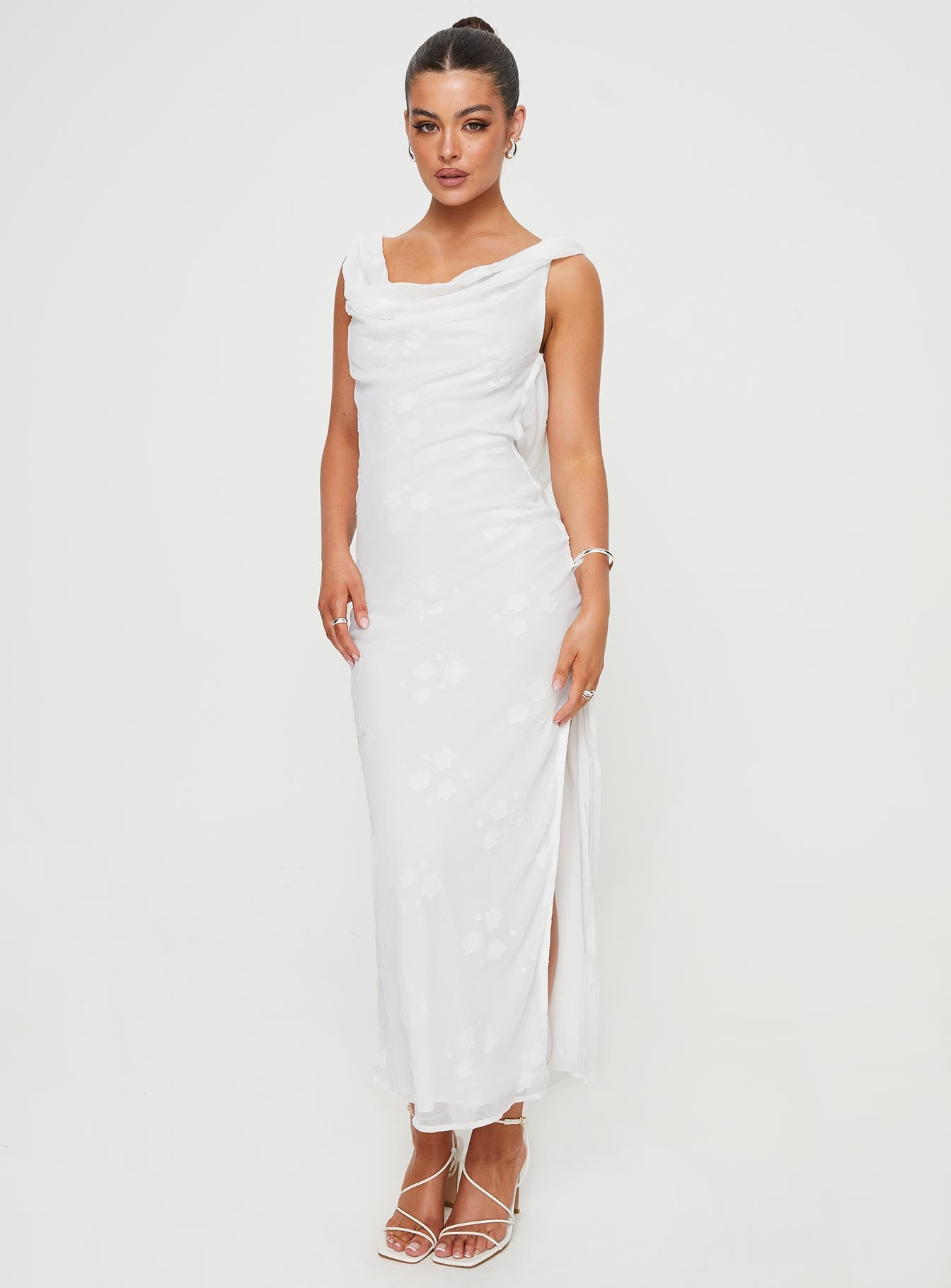 front view of model wearing Princess Polly Contessa Maxi Dress White Cowl Neck 