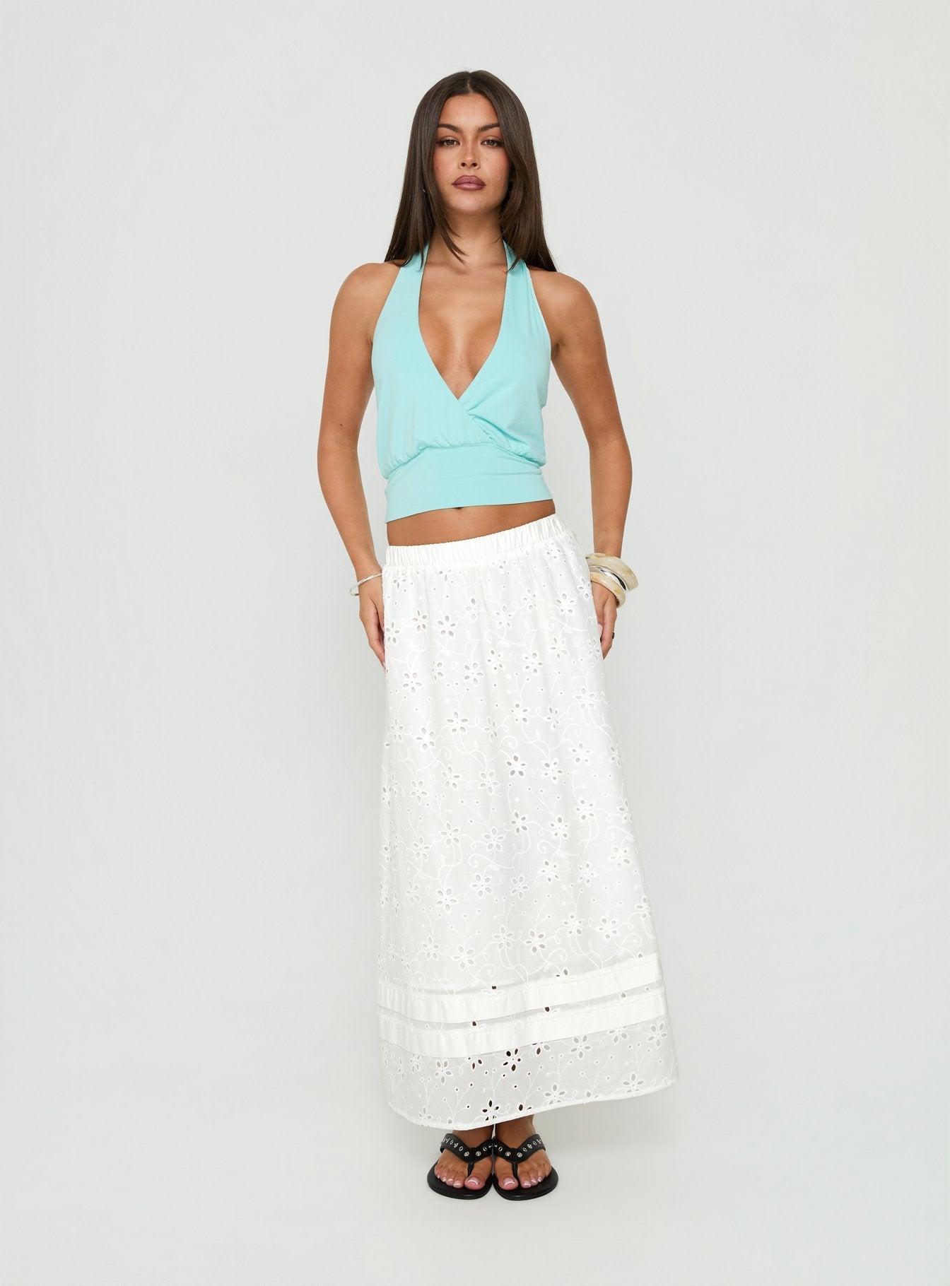 Explore the Isolie Tiered Maxi Skirt White Anglaise in womens-skirts with a relaxed fit and lace hem Princess Polly