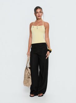 side view of model wearing Princess Polly Peroma Linen Straight Leg Pants Black High Rise Pants 