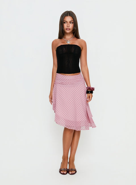   front view of model wearing Princess Polly Evanescence Asymmetrical Midi Skirt Pink Polka Dot Midi Skirts Skirts 