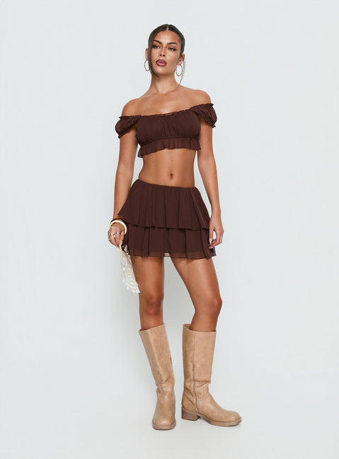 Ackee Ruched Off Shoulder Top Brown