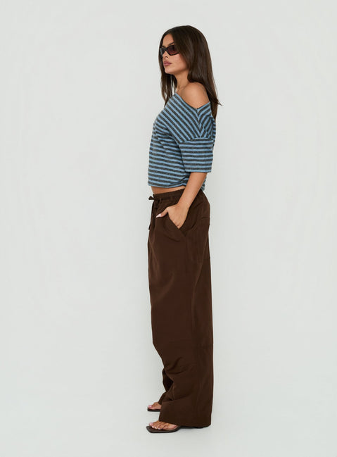 Introducing the Signora Elasticated Waist Pants Chocolate womens-regular-pants with high-rise wide-leg styling side view of model wearing Princess Polly